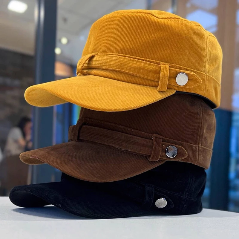 

New Vintage Casual Corduroy Flat Top Hat Adjustable Military Cap Women Men Solid Color Outdoor Sunhat Snapback Caps Four Seasons