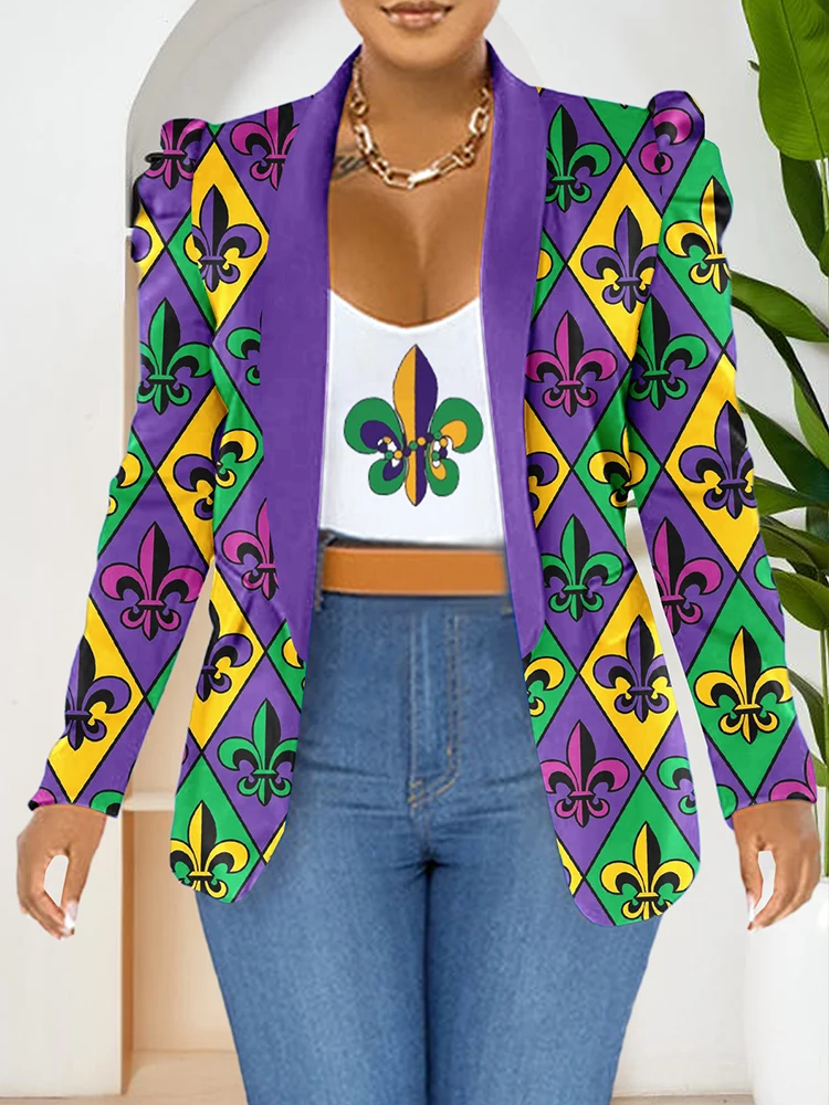 Classic Mardi Gras Print Puff Sleeve Blazer