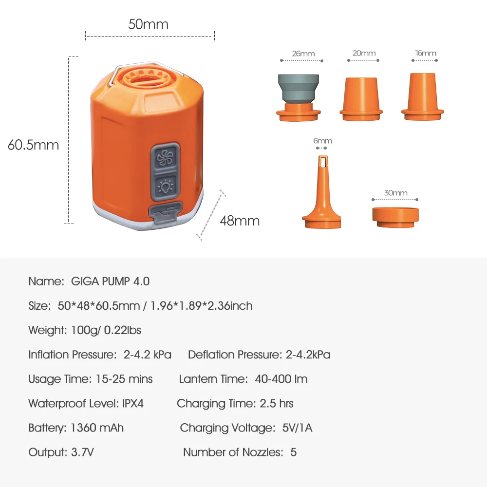 GIGA Pump 4.0 Mini Air Pump 4.2kPa Rechargeable Portable Air Pump with Camping Lantern for Hiking / Sleeping Pad / Swimming Ring