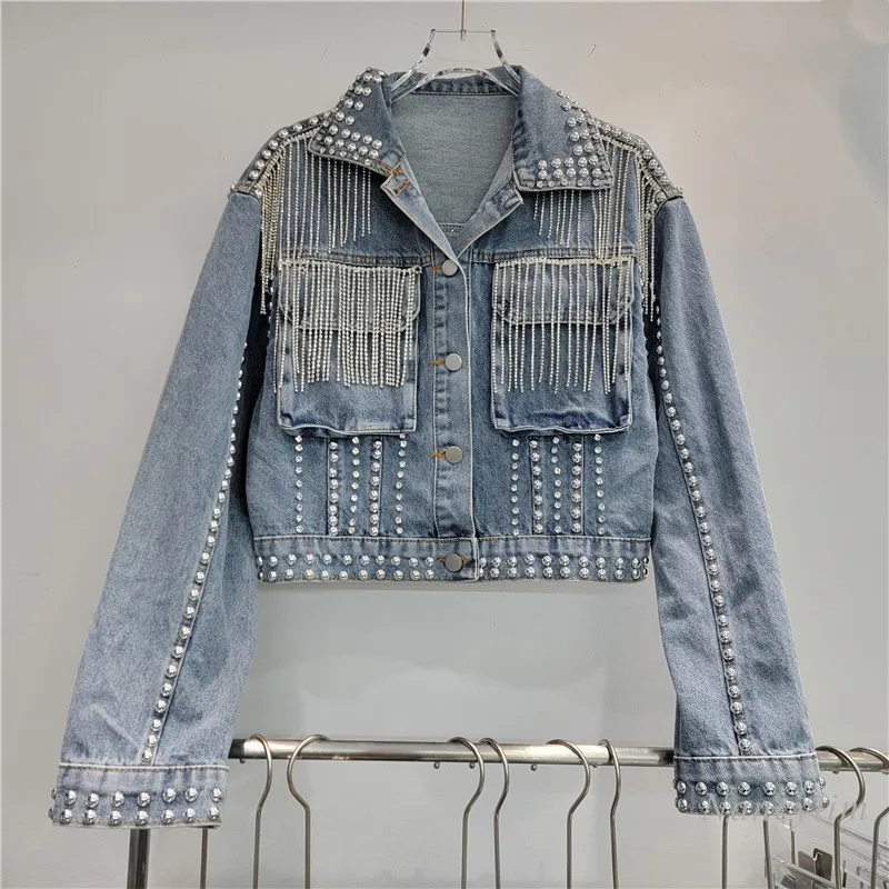 

Three-Dimensional Pocket Rivets with Diamonds Tassel Denim Jacket Women 2024 Autumn New Denim Coat Street Short Blue Coats