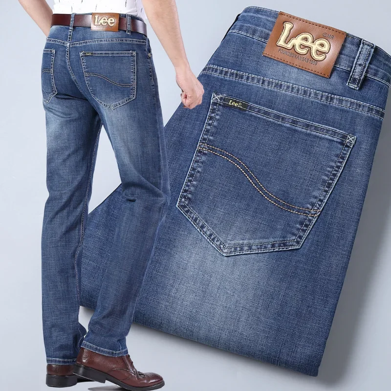 Lee Dexjeans Pantalones largos de mezclilla de gama alta gruesos informales de negocios elásticos de pierna recta para hombre Otoño/Invierno