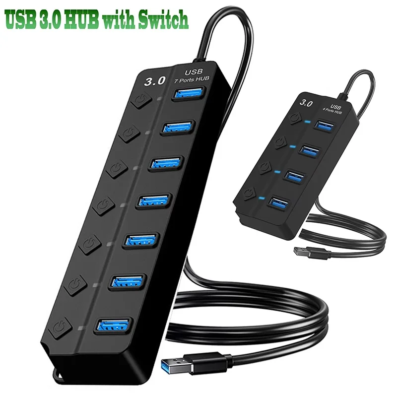 USB HUB USB 3.0 Switch Adapter USB 2.0 Hub High Speed Multi 4/7 Port Hub USB On/Off Switch Portable USB Splitter For Laptop PC