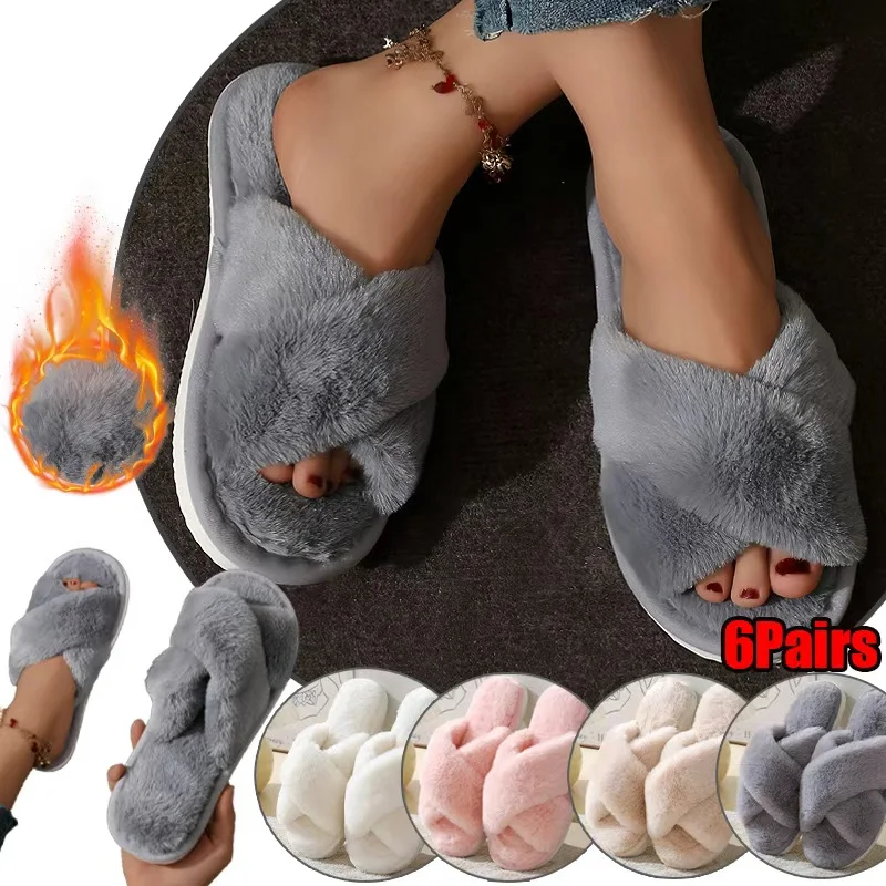 شبشب فرو نسائي عصري بحزام متقاطع - شرائح قطيفة دافئة للاستخدام الداخلي، حذاء منزلي بكعب مسطح من الفرو الصناعي غير قابل للانزلاق (خيار الزوجين)