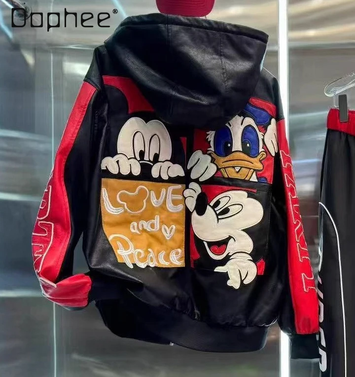 

PU Leather Jacket for Women 2026 Spring New Personalized Letter Patch Embroidery Loose Color-Block Cartoon Hooded Jacket
