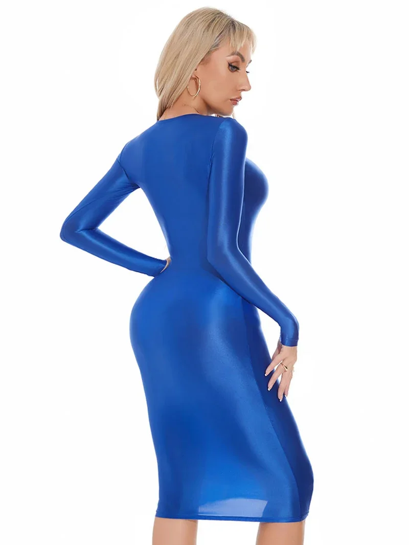 Erwachsene Frauen glänzend glänzendes Gesäß sexy Overall elastische Seide glattes Kleid Langarm Tanz kleidung Nachtclub Party Kostüm