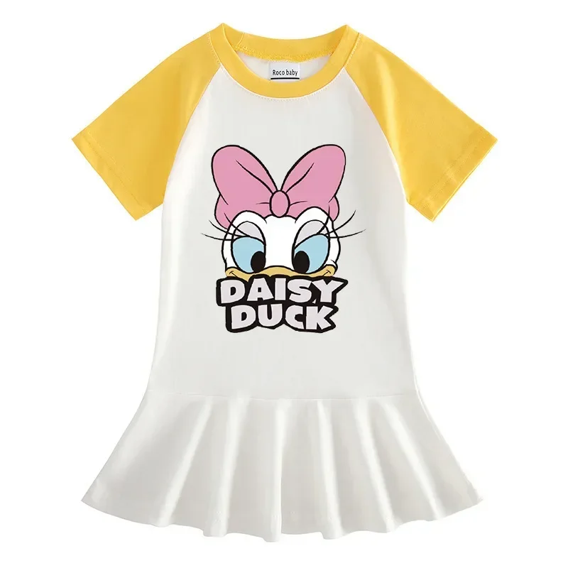 2024 Summer Cartoon girl\'s Dresses Donald Duck Daisy Half Sleeved Baby Dresses Cotton vestiti pieghettati alla moda della neonata