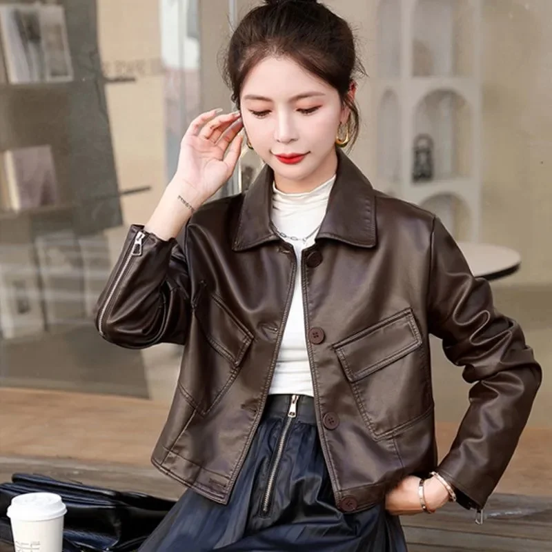 

2025 женская куртка из искусственной кожи с длинными рукавами, весенне-осенняя женская повседневная короткая кожаная куртка, корейский женский модный топ из искусственной кожи