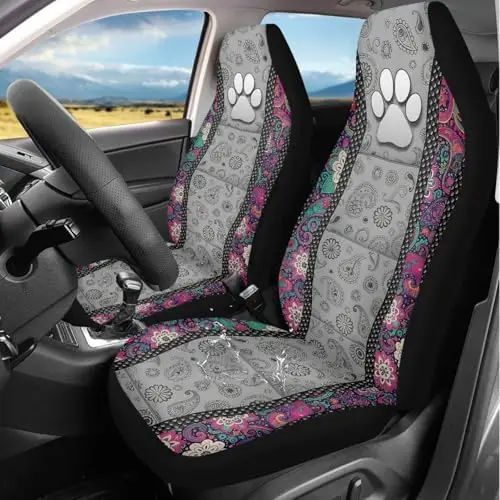 

Boho Floral Dog Paw Car Seat Covers - Waterproof 2-Pack for Front Bucket Seats, Protect Interior