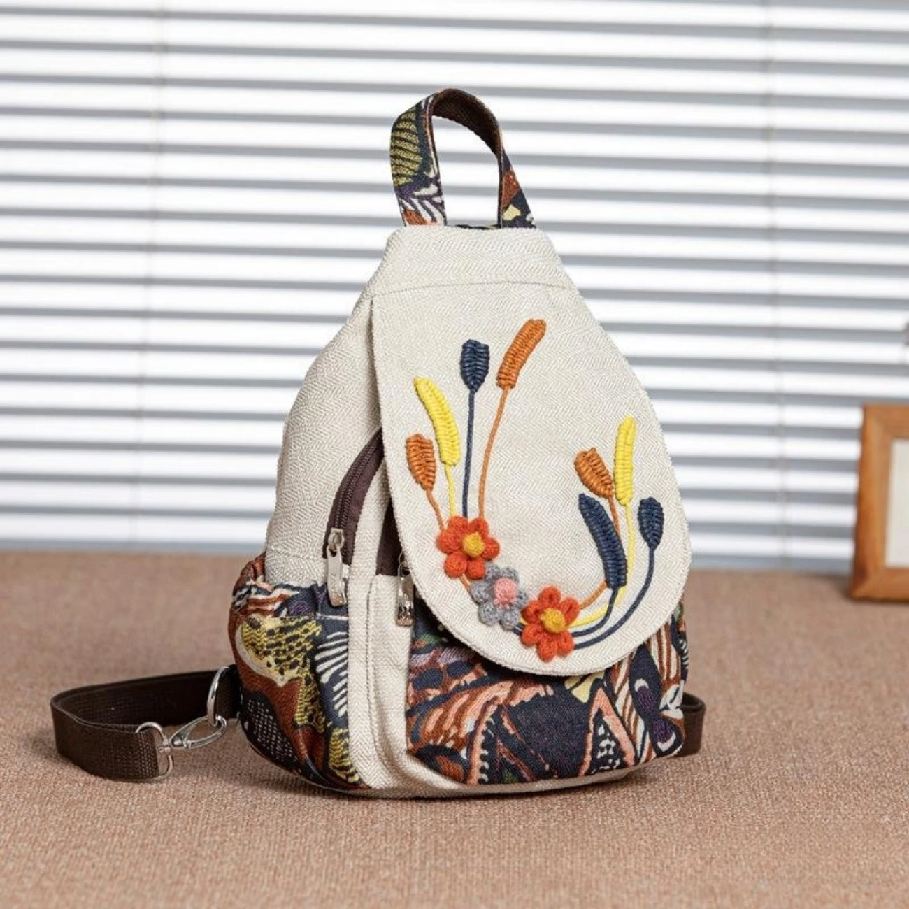 Mochila feminina versátil de estilo étnico, saco de cânhamo de algodão com zíper casual, lona artística, moda retrô