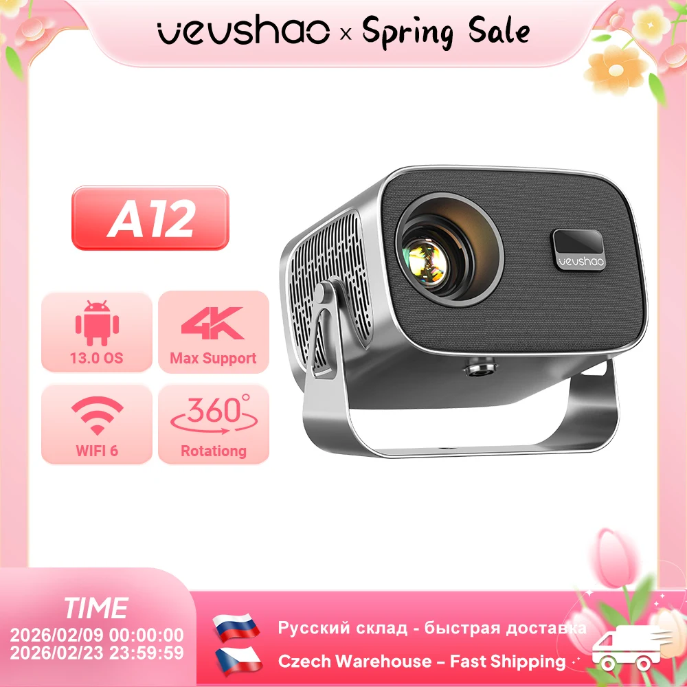 

VEVSHAO A12 4K Android13 Projector SmartPhone Native Auto Focus Keystone BT5.2 WIFI6 Portable 360° Rotate 1280*720P Home Cinema