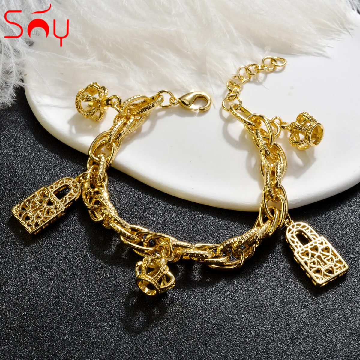 Sunny Jewelry Charm Bracelets For Women Fashion 18K Gold Plated Crown Lock Heart Pendant Hand Link Chains for Party Wedding Gift