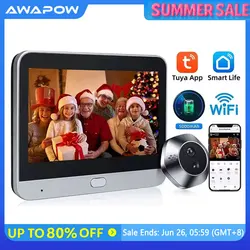 Awapow 4.3 Inch Video Doorbell Camera Motion Detection Smart Tuya Peephole Wifi Door Viewer 2-Way Audio Mini Camera Night Vision