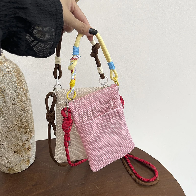 Summer Hollow Mesh Mini Crossbody Bag Women Lightweight Phone Purse Colorful Braided Rope Strap Outdoor Small Shoulder Handbag