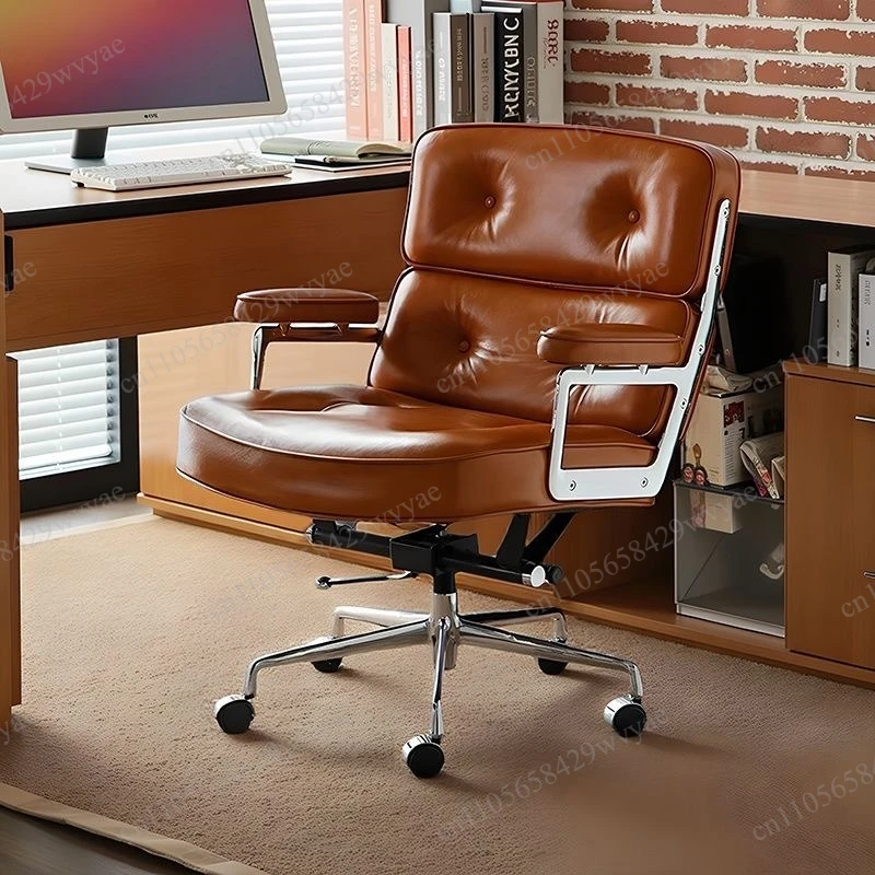 Cadeira Ergonômica Nórdica, Cadeira de Estudo Retro em Couro para Casa, Cadeira de Escritório Confortável com Ajuste de Altura