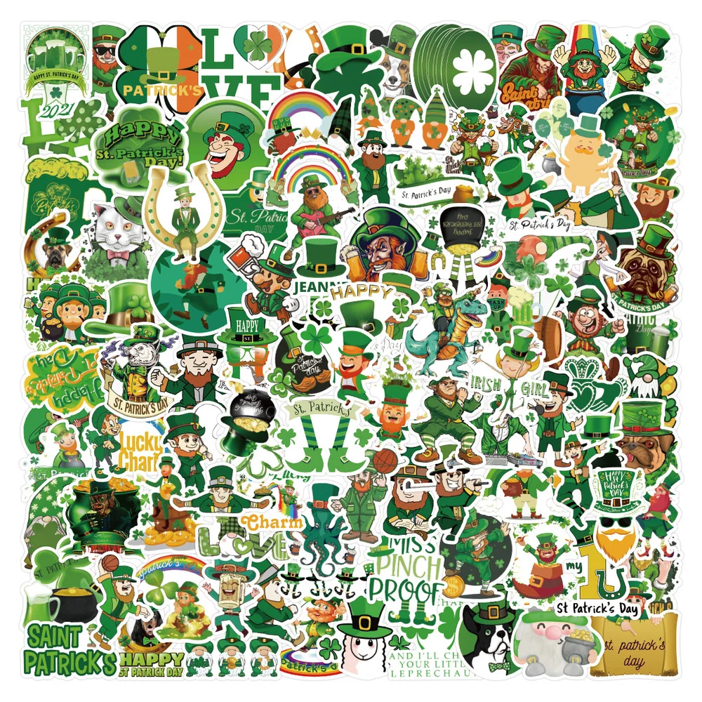 100pcs St. Patrick S Day Country Ireland Holiday Stickers Funny Aesthetic Green Decals for Laptop Suitcase Kids Toys Stationery