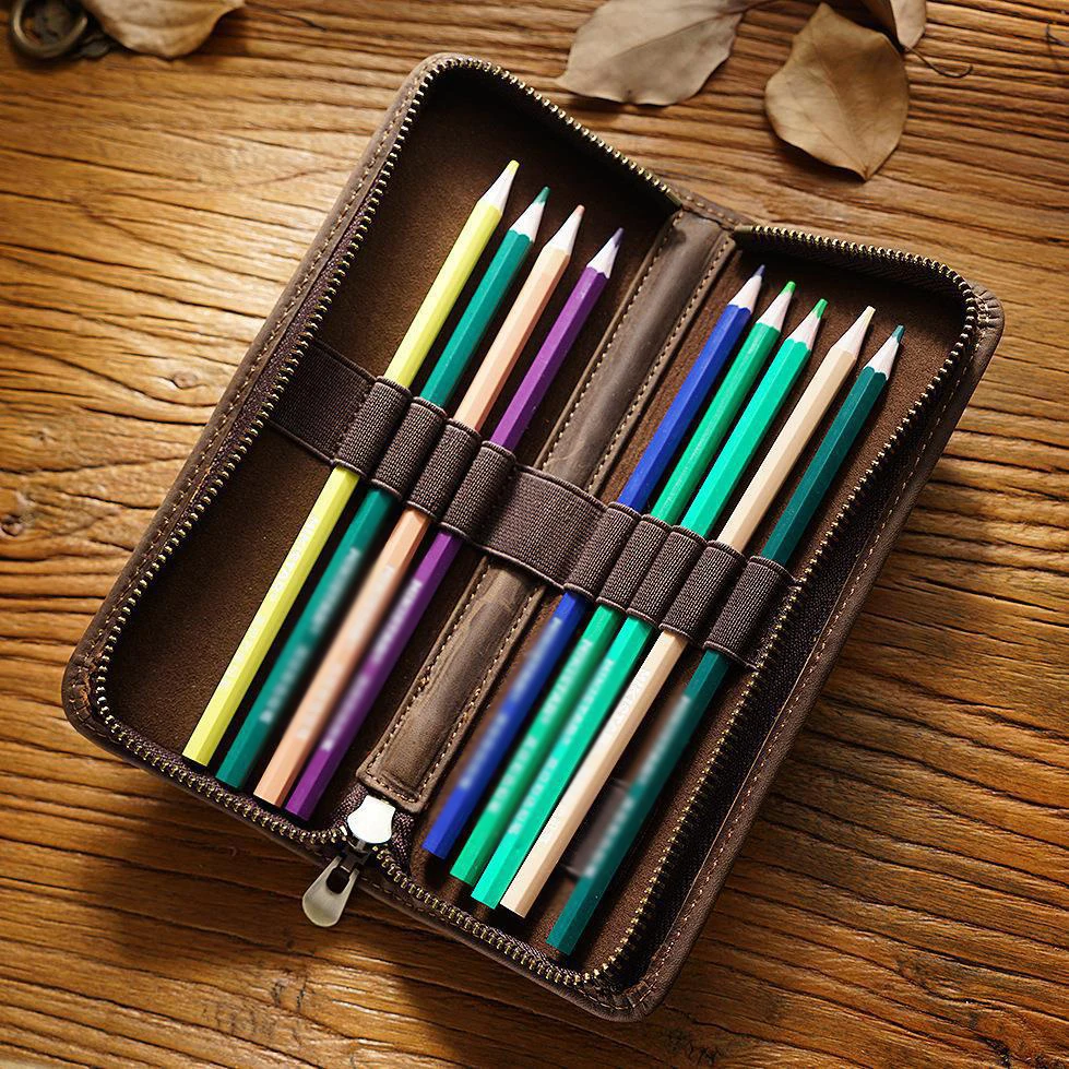 Genuine Leather Square Zipper Pen Case Large Capacity 9-slot Pencil Box Retro Student Pencil box