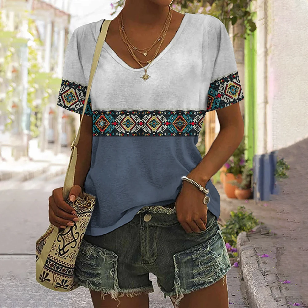 Tribal Ethnic Style 3D Print T-Shirts Women Fashion Vintage Streetwear Short Sleeve V-Neck T Shirt Girl Tees Tops Woman Clothing