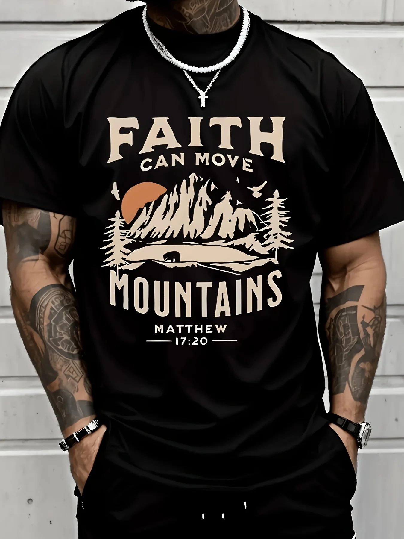 

Matthew 19:26 Design Faith Can Move Mountains T-Shirt 100% Cotton O-Neck Short Sleeve Summer Casual Mens T-shirt Streetwear