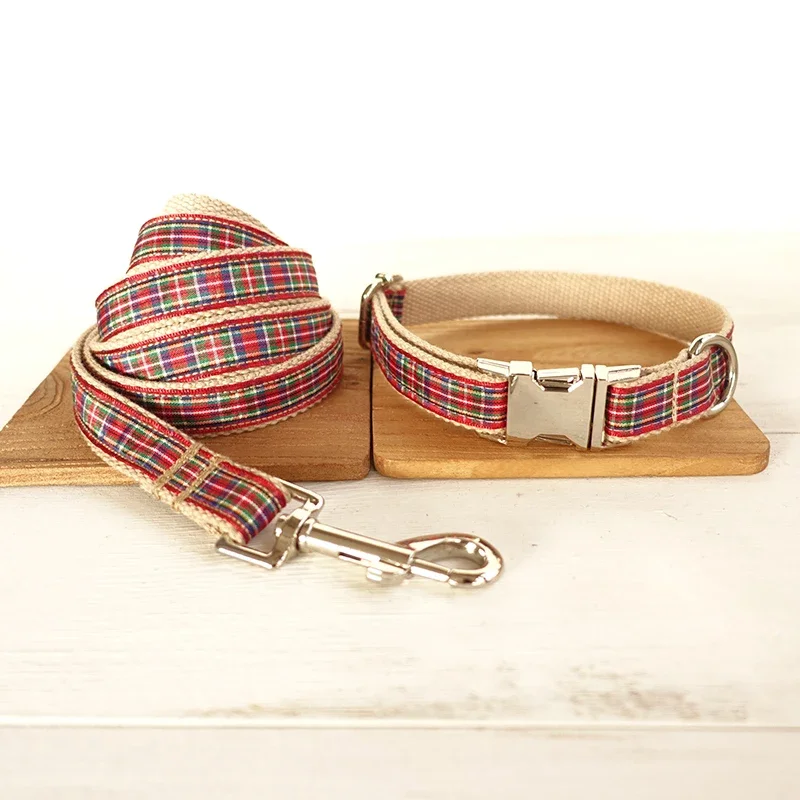 Personalized Pet Collar Scottish Plaid Custom Puppy Cat Name ID Tag Adjustable Collars Lead Leash Free Engraving Dog Collars