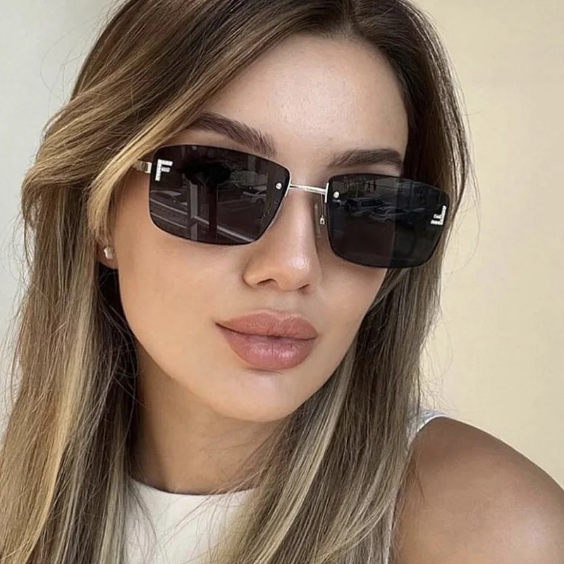 Rectangle Rimless Sunglasses Women 2024 New Vintage Fashion F Glasses Shades Trendy Luxury Design Sun Glasses Oculos De Sol