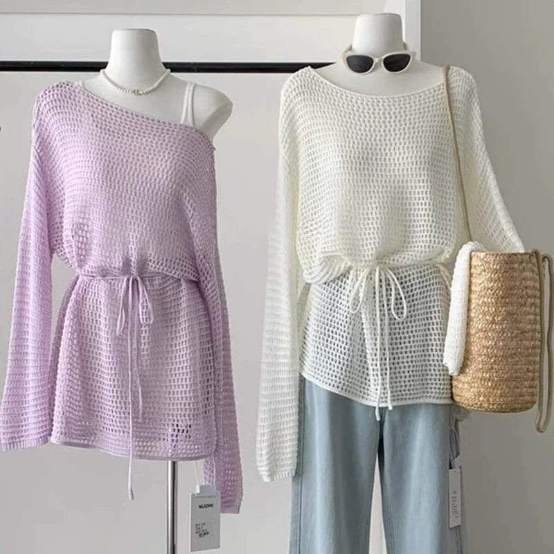 

Long Sleeve Crochet Top With Tie Waist Boat Neck Sheer Openwork Knitted Pullovers Women Summer Beach Cover Up Tunic Top