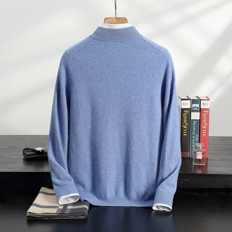 

Autumn/Winter New Men's 100% Pure Cashmere Half High Neck Knitted Hoodie Business Casual Long Sleeve Sweater