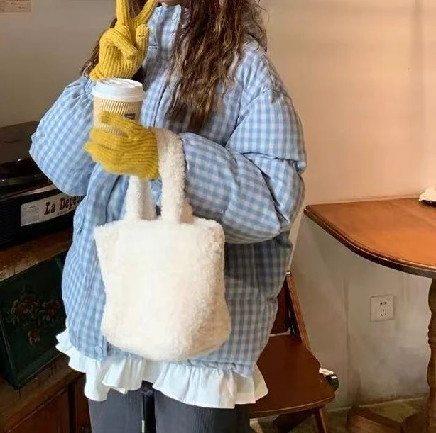 2025 Nueva chaqueta de pan a cuadros azul con capucha, abrigo de invierno, Chaqueta corta de algodón para mujer