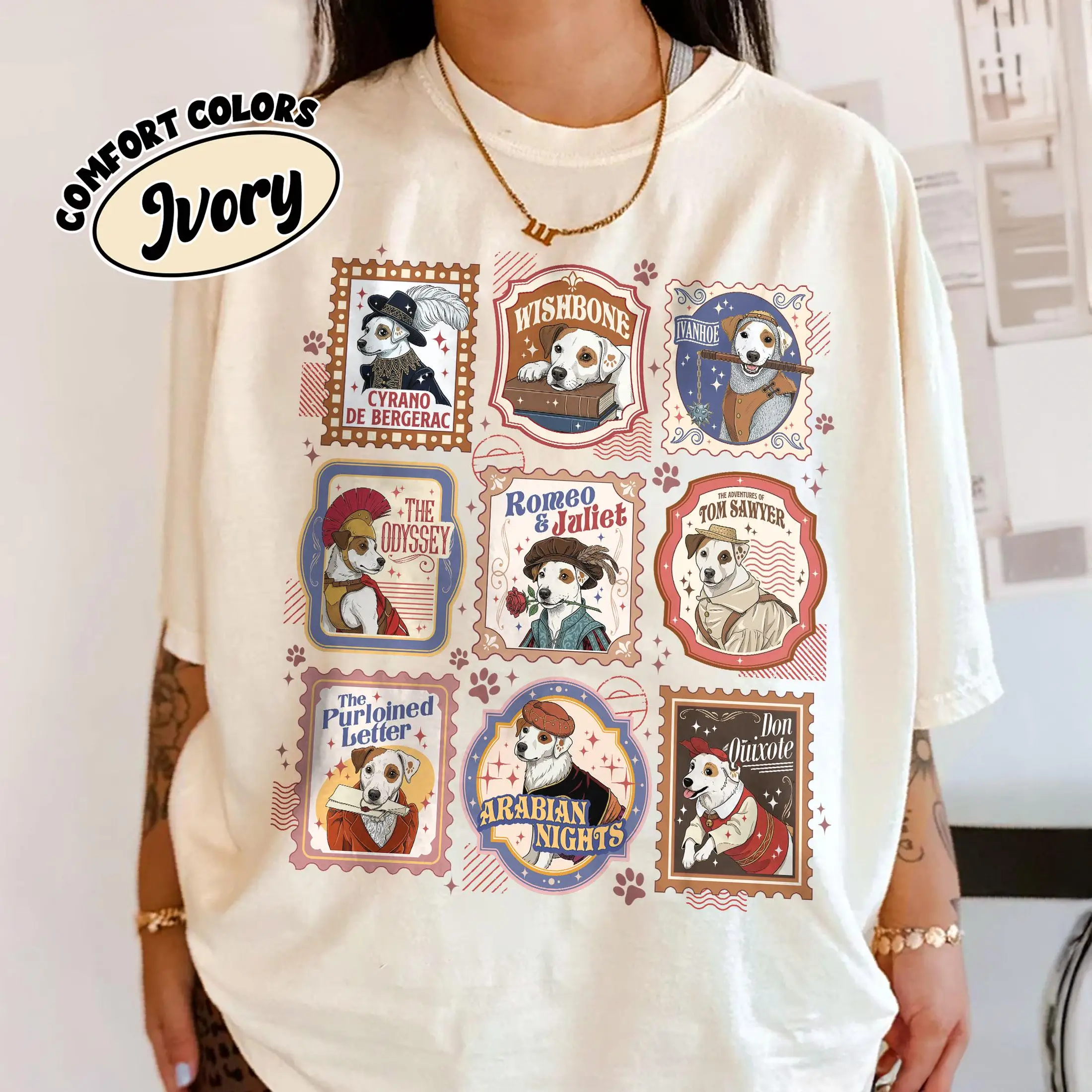 Wishbone Dog Stamps T-Shirt, 90s Kids Movie Graphic Tshirt, Jack Russell Book Lover Tee, Literary Fandom Gift