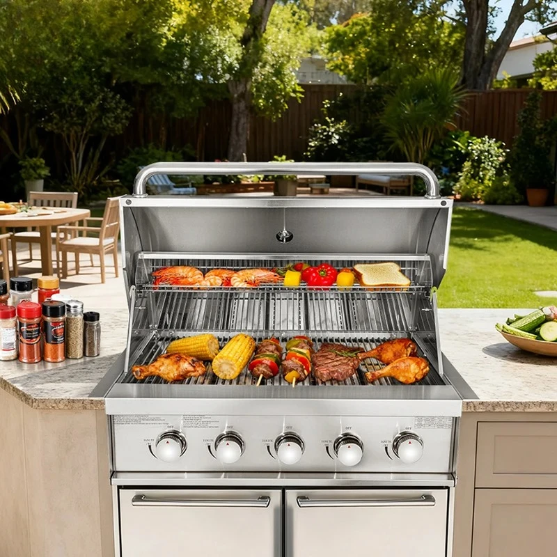 

New Arrival 5-Burners Outdoor Indoor Kitchen Steel Built-In Gas BBQ Grills Cooking Smoker Barbecue Grills