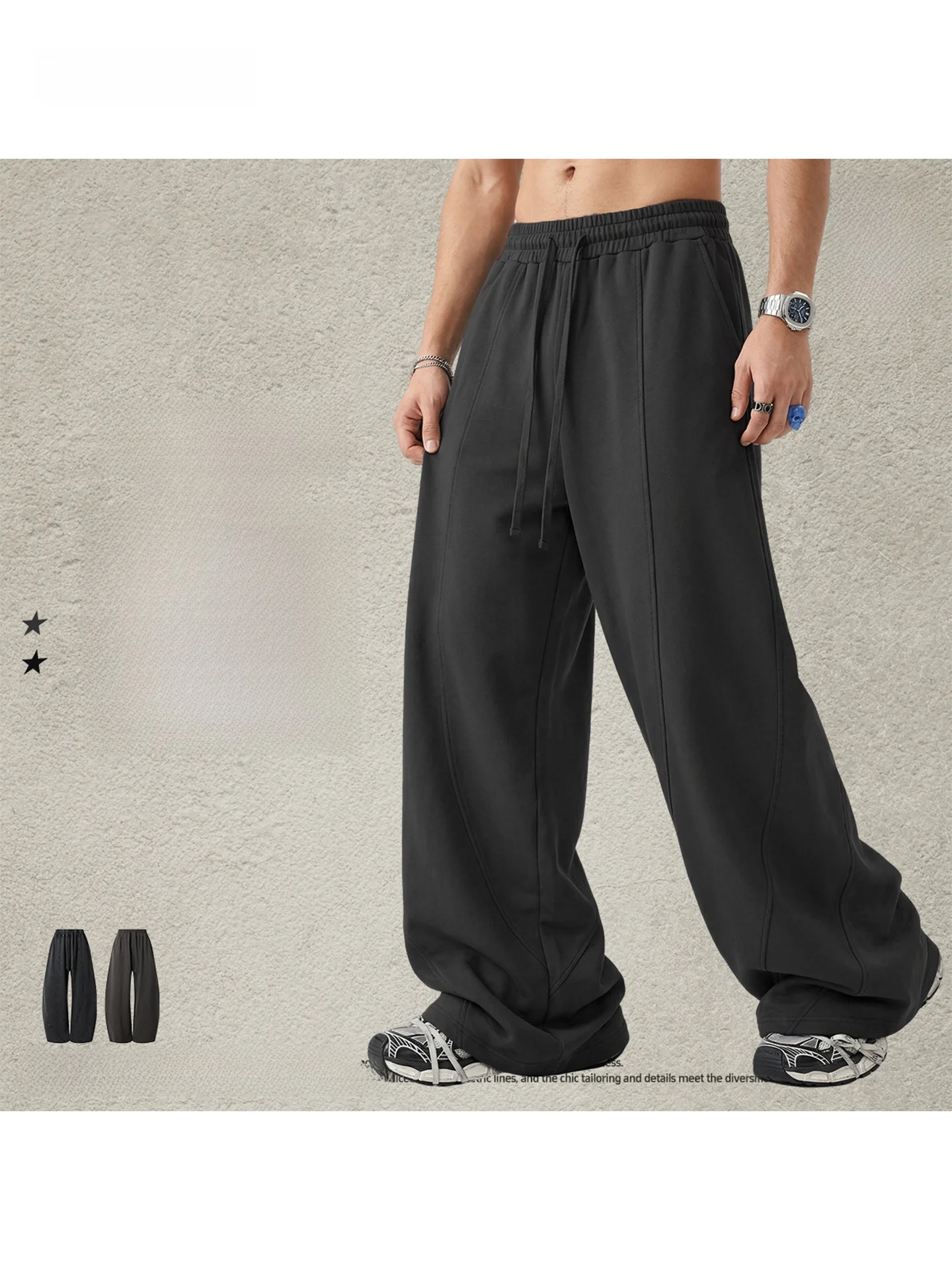 

Men's Cross-Border Wide Leg Dstring Sweatpants Youth Trendy Bend Knife Splicing Pure Color Comfortable Cotton Workwear
