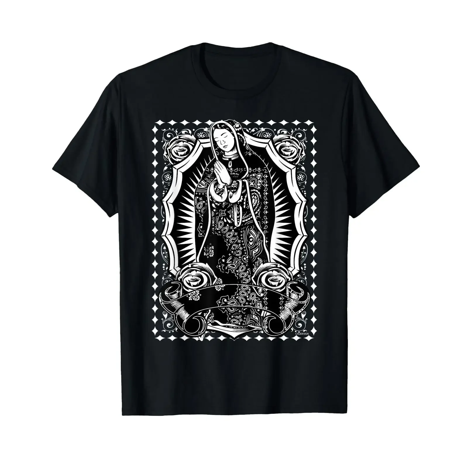 Virgin Mary Black White Bandana Print Chicano Art Cholo T Shirt vintage Washed Casual homme fashion designer clothes Soft