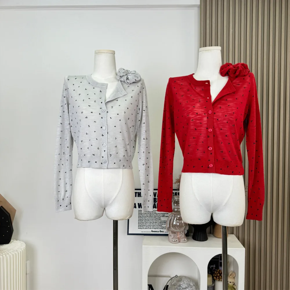 

Autumn Winter Women Long Sleeve Crop Sweater Old Money Polka Dot Knitwear 2000s Aesthetic Shoujo Christmas Cardigan Top Designer