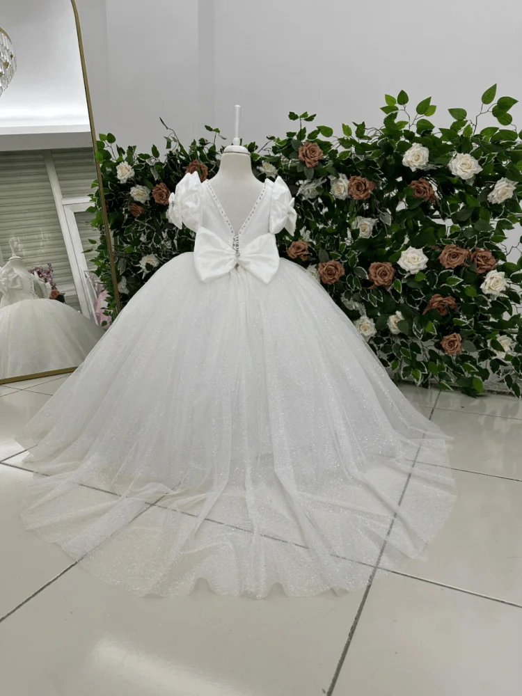 Custom Flower Girl Dress Puff Short Sleeve Deep V Back Rhinestone Trim Large White Bow for Birthday Pageant Formal Outfit