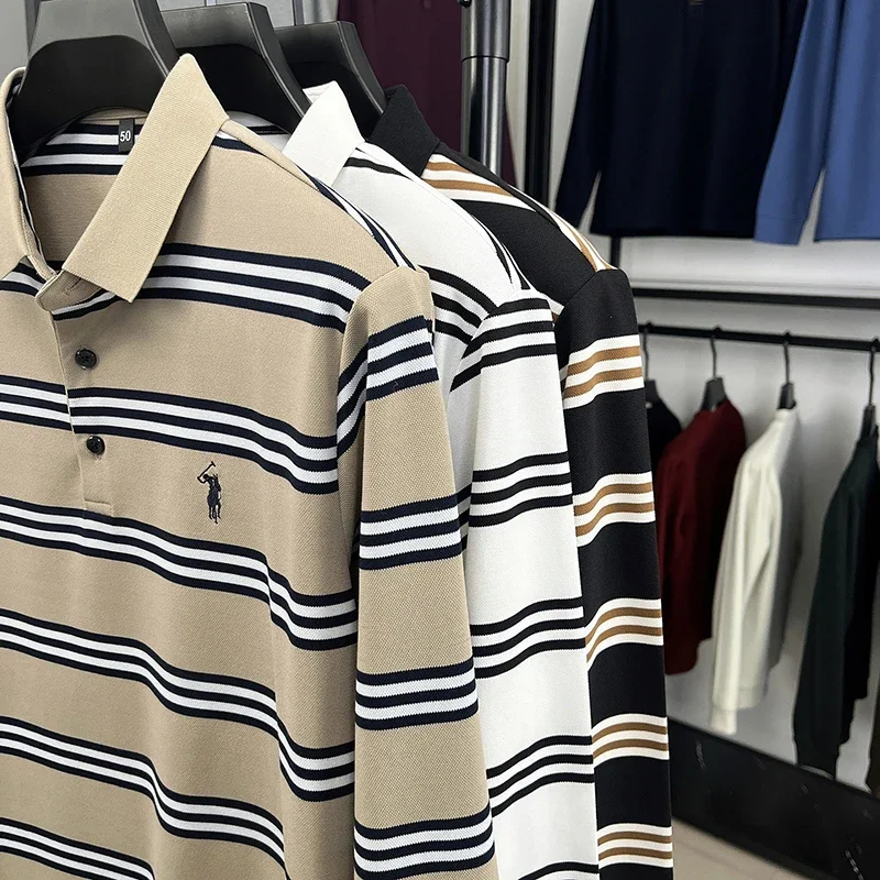 High End Striped Lapel Long Sleeved T-shirt for Men in Spring and Autumn, High-quality Long Staple Cotton Polo Shirt Top