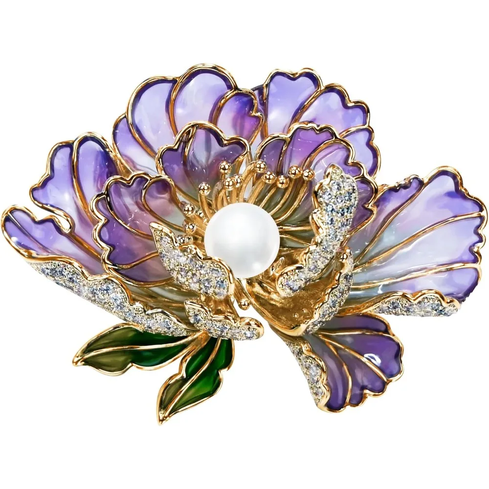 

Brooches For Women,14k Gold Plated Copper,Cubic Zirconia Rich Peony Flower Enamel Brooch Pins For Women ，Pearl Broach