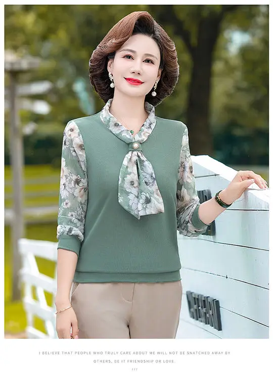 T-shirt da donna di mezza età in stile occidentale della mamma Top a maniche lunghe di mezza età e anziani