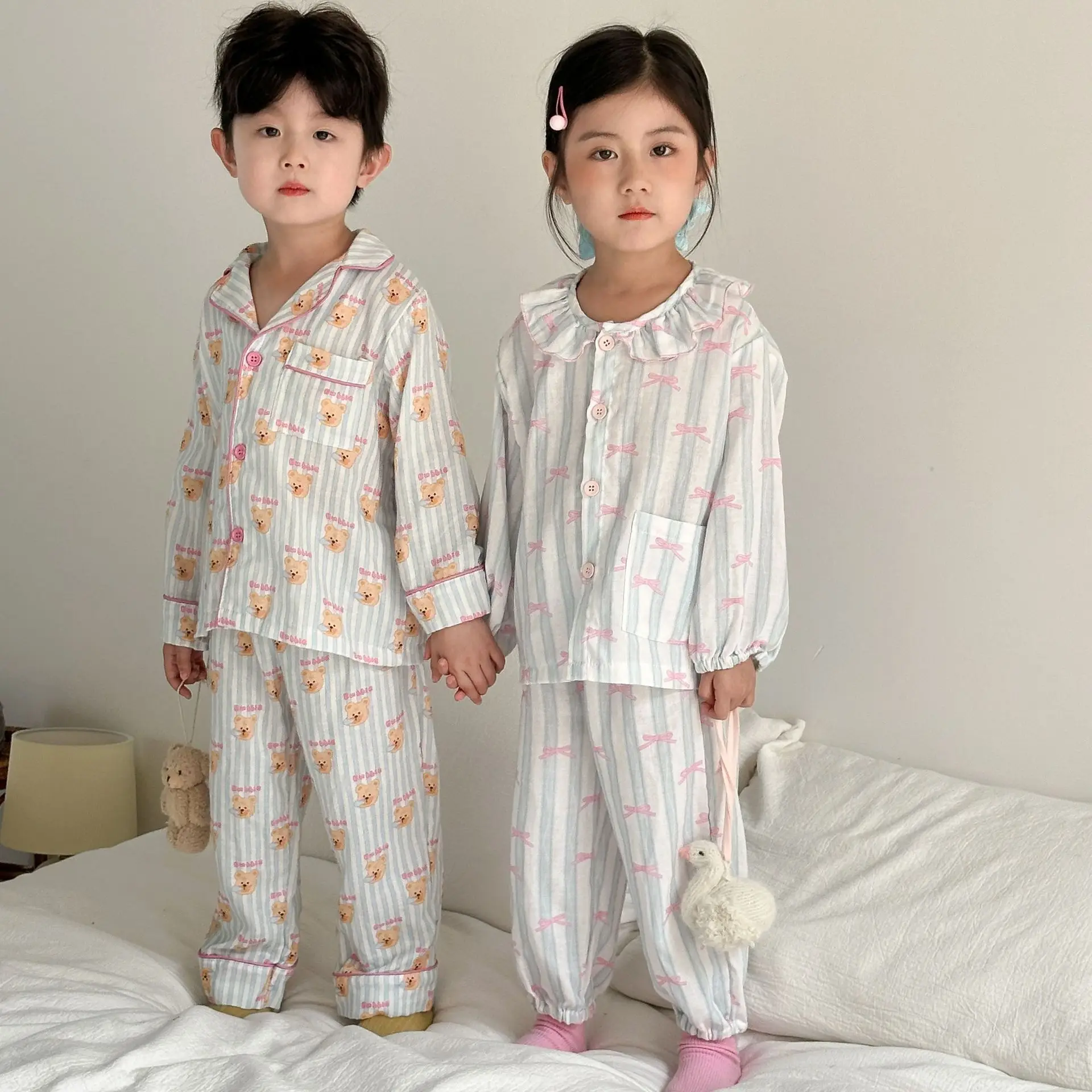 Spring New Kids Cotton Pajama Set 2-10Y Girls Bowknot Boys Bear Print Cute Comfortable and Soft Long Sleeve Loungewea