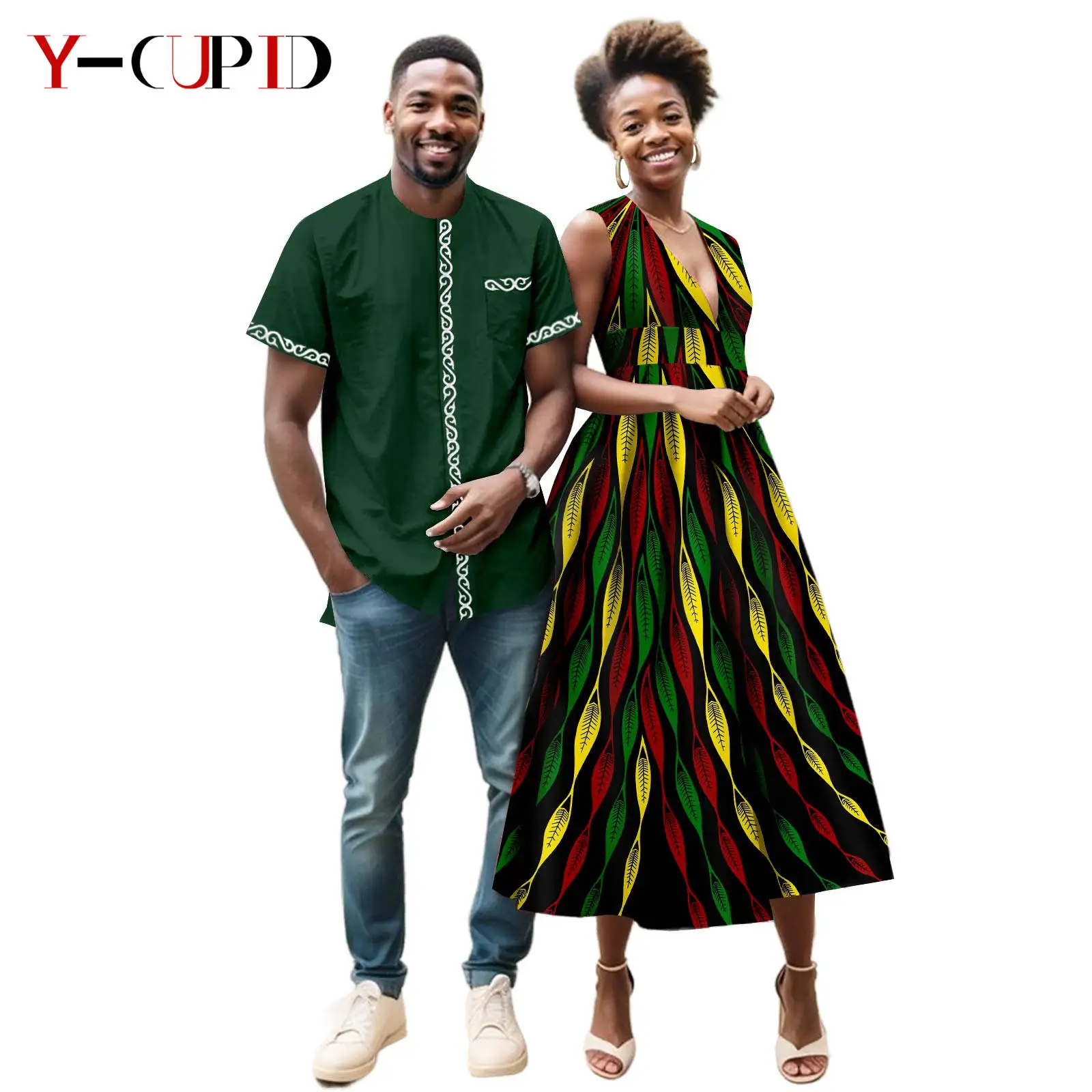 

Sexy African Print Dresses for Women Matching Couple Outfits Dashiki Summer Men Outfits Appliques Top Shirt Bazin Riche 24C029