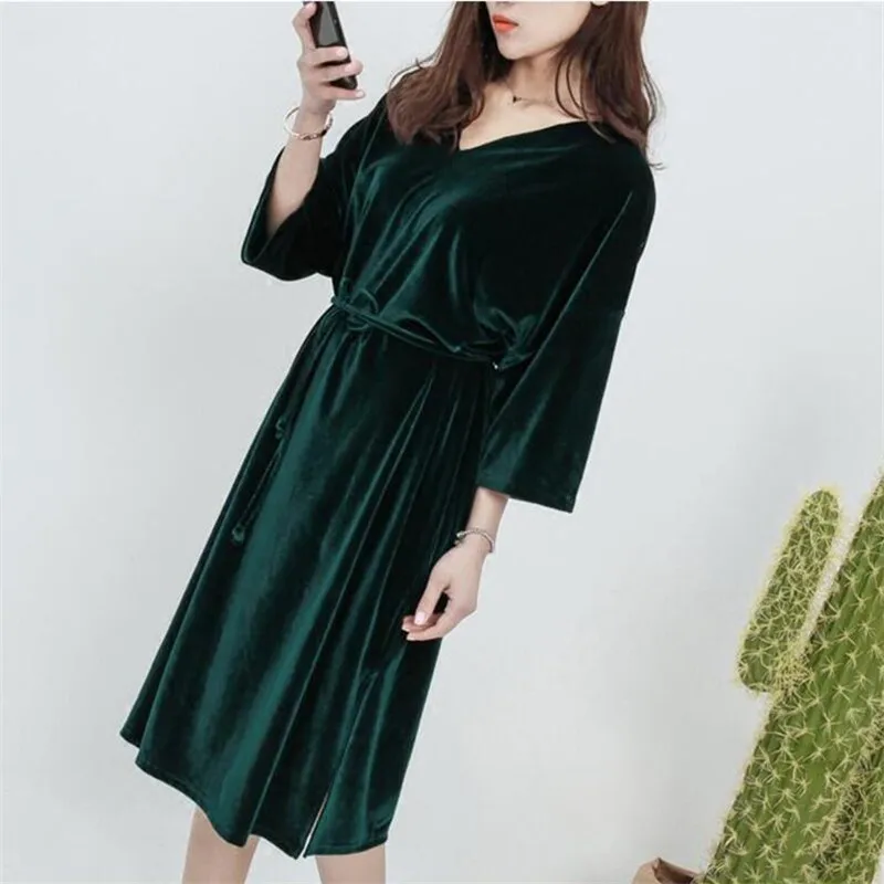 2024 Women Spring Autumn half Sleeve straight dress vintage Velvet V-Neck sashes edium Long dress Vestido  Women dress