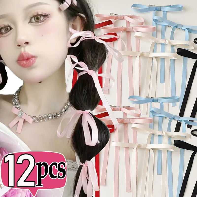 12pcs Cute Silk Sash Long Bow Hair Clip Trend Ribbon Hairpins Barrettes Headband Women Girl Headwear Accessories Wedding Jewelry