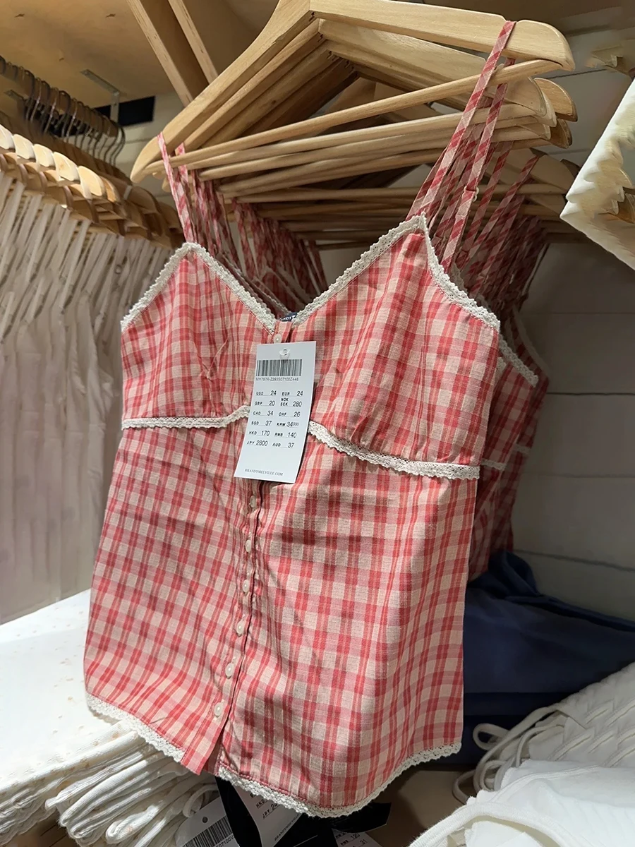 

Pink Plaid Buttons Camisole Women New Lace Trim V-neck Cotton Sleeveless Tank Tops Female Summer Cute Sweet Slim Crop Top Y2k