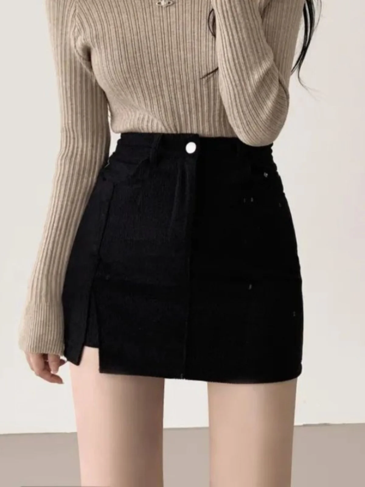 

High Waist Corduroy Women's Skirt Faionable Slimming Wrap around Sli Anti-Aging A-Line ort Skirt Autumn Wear