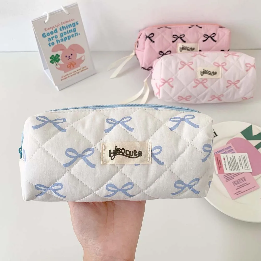 Bowknot arco saco de papelaria armazenamento de mesa grande capacidade estilo coreano lápis caso rosa/branco/azul estético arco lápis bolsa