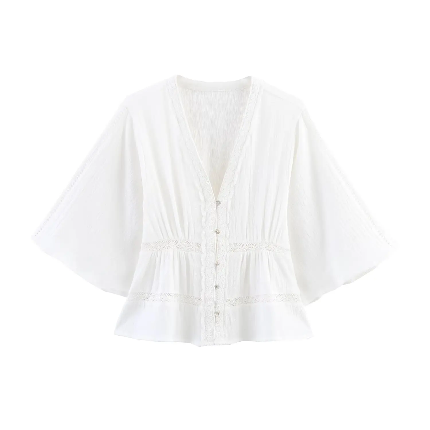 

ZBZA Women's Loose Bat Shirt Hollow V-neck Single Breasted Solid Color Lace Decoration Cropped Top Summer New Female Chic Blouse