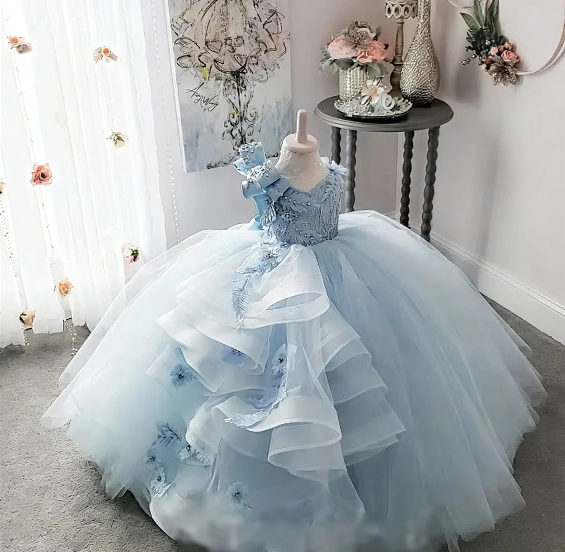 

Customized Flower Girl Dress for Wedding Appliques Sleeveless High Waist Floor Length Kids Birthday Party First Communion Gown