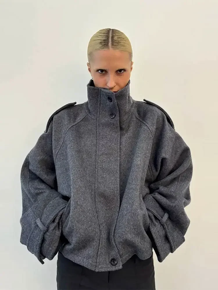 

Casual Stand Collar Woolen Women's Coats Long Sleeve Single Breasted Pockets Thick Warm Jacket 2025 Autumn Winter Lady Outerwear