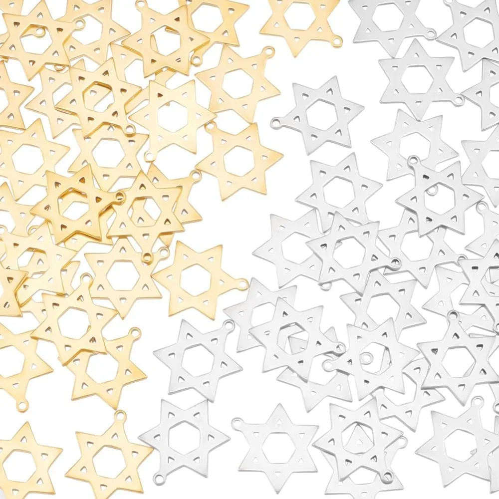 60Pcs 2 Colors Religion Theme Pendant 304 Stainless Steel Star of David Charms Tiny Six Pointed Star Pendant Accessories