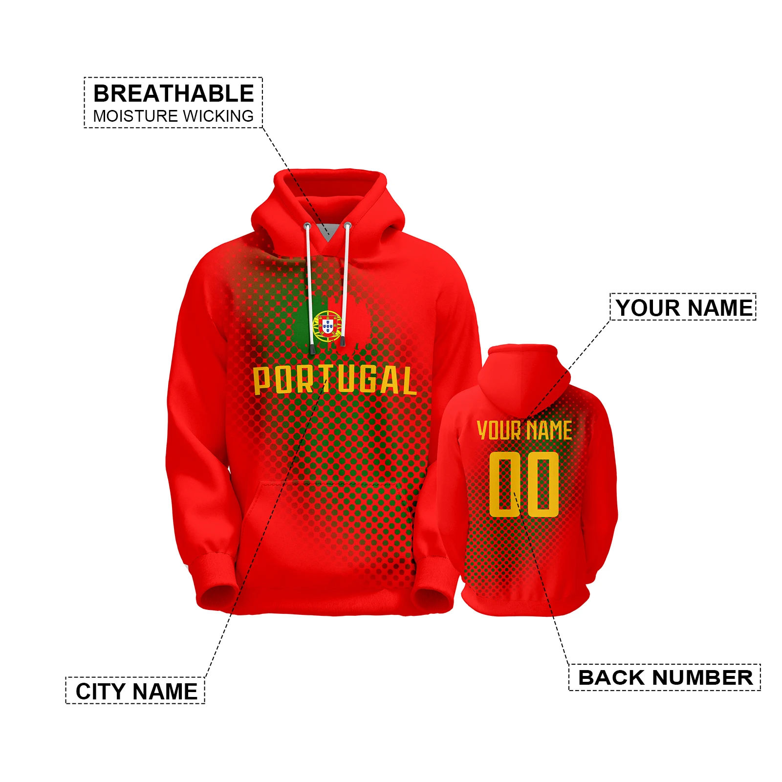 Custom Portugal National Soccer Hoodie Football Sweatshirts Personalized Name Number Pullover for Men Women Youth Fans Gift