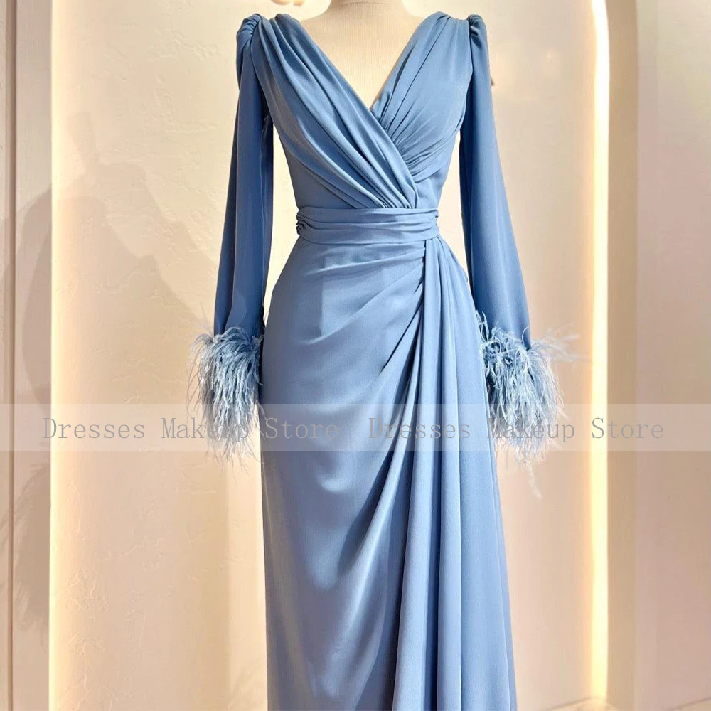 Sky Blue Evening Dress Long Sleeves Feather V Neck Sheath/Column Women\'s  Gowns 2023 Pleat Formal Party  for Wedding