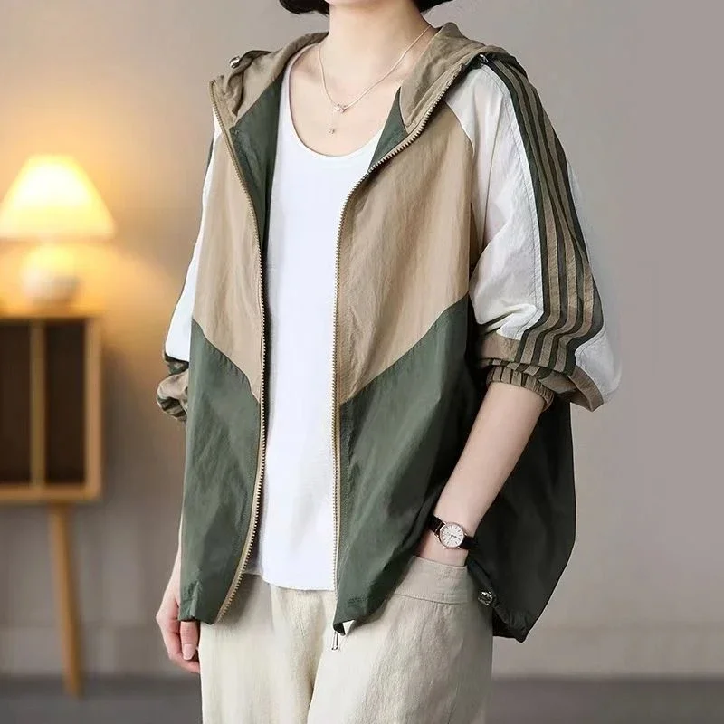 

New Summer Fashion Minimalist Stripe Color Blocking Loose Casual Oversize Versatile Thin Breathable Sun Protection Jacket